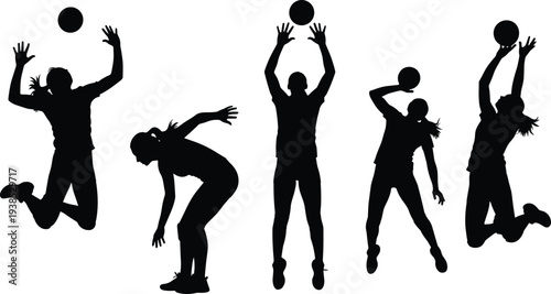 Volleyball player silhouettes, athletic poses, spike, serve, block, dig, ball control, sport icons, black vector set, dynamic movement