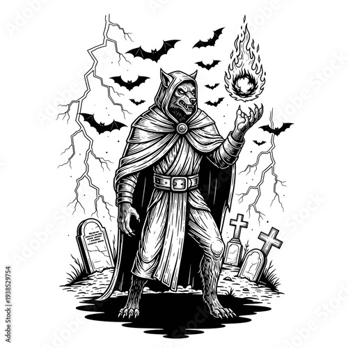 Spooky Werewolf Wizard Summoning Fiery Magic Amidst a Graveyard on a Stormy Night