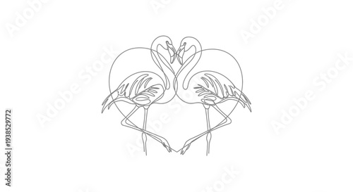 Two Flamingos Forming Heart Shape Line Art Illustration