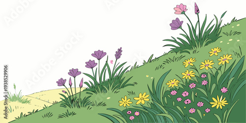 Vibrant wildflowers blooming in a lush green meadow on a sunny day Vector
