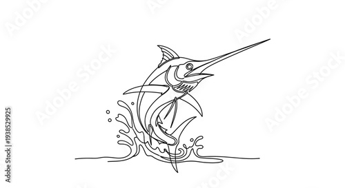 Black and White Marlin Fish Leaping Out of Water Line Art Illustration