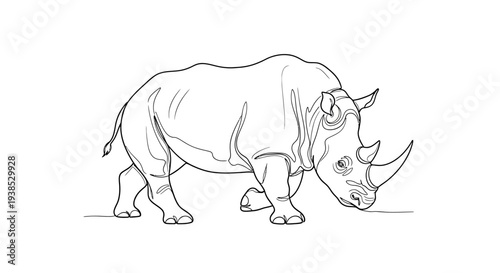 Rhinoceros Walking Isolated on White Background Line Art