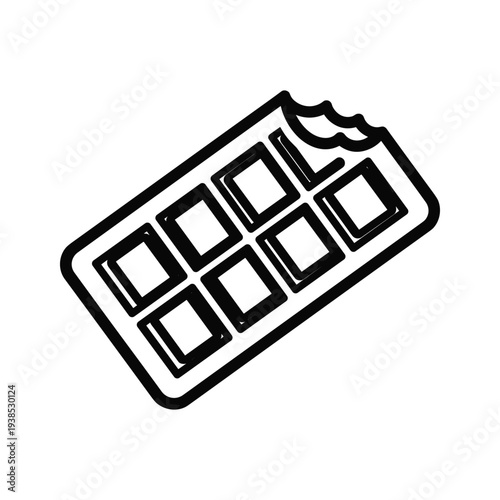 Minimalist Black and White Line Drawing of a Chocolate Bar with a Bite Mark - Isolated Icon