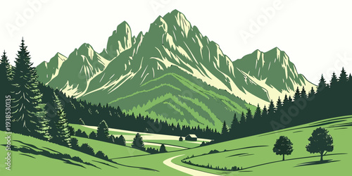 Majestic mountain landscape with lush green valley and snow-capped peaks Vector