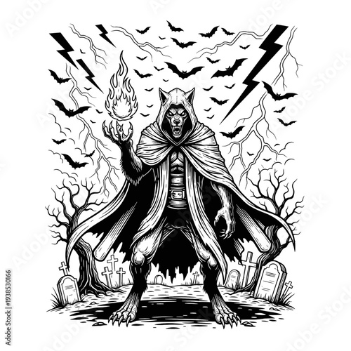 Haunting Werewolf in Cloak amidst Gravestones and Bats - Spooky Halloween Night Illustration