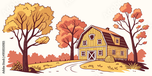A picturesque countryside scene with a quaint wooden house and vibrant autumn trees Vector