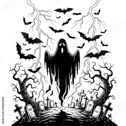 Spooky Halloween night illustration featuring a ghostly figure haunting a desolate graveyard with gnarled trees, flying bats, and dramatic lightning strikes