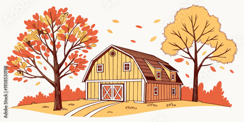 A serene autumn scene with a rustic cabin surrounded by colorful trees Vector