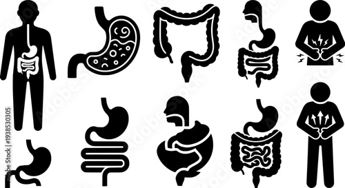 Diarrhea icon set. Diarrhea stomach gut health icons. Intestine digestive system vector symbol. Vector Illustration. EPS 10
