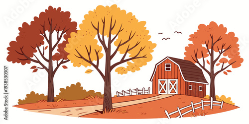 A serene autumn scene with a rustic house nestled among colorful trees Vector