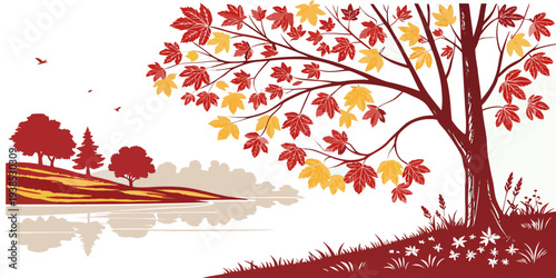 A serene autumn scene with a tree shedding its leaves over a calm body of water Vector