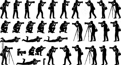 Photographers with camera various poses black silhouette set collection.

