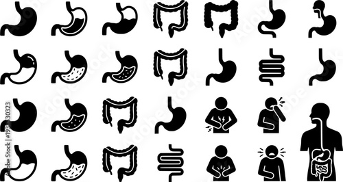 Diarrhea icon set. Diarrhea stomach gut health icons. Intestine digestive system vector symbol. Vector Illustration. EPS 10
