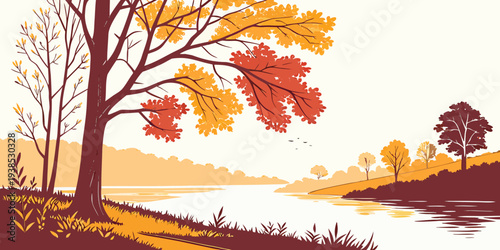 A serene autumn landscape with vibrant fall foliage and a calm river Vector