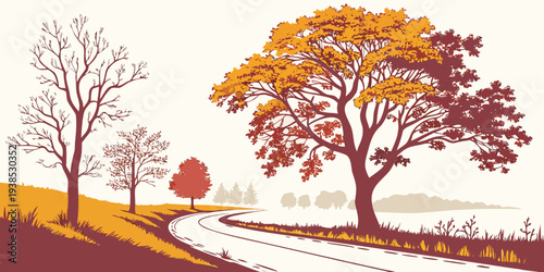 A serene autumn landscape with vibrant trees and a peaceful path Vector