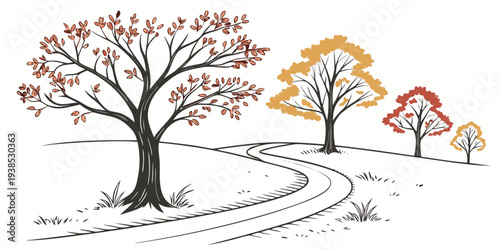 Colorful trees in a serene winter landscape with snow-covered ground. Vector