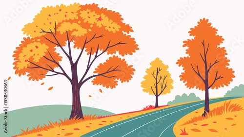 A serene landscape featuring vibrant autumn trees along a winding path Vector