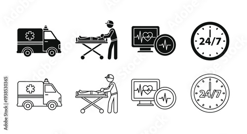 Emergency medical icons depicting services and a patient silhouette