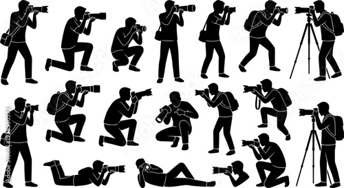 Photographers with camera various poses black silhouette set collection.
