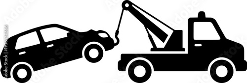 simple tow truck towing broken down car silhouette side view icon symbol transparent background
