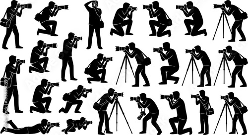 Photographers with camera various poses black silhouette set collection.
