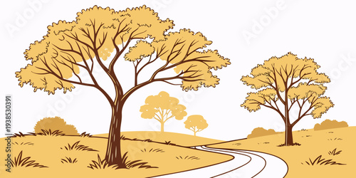 A serene landscape featuring tall trees with golden leaves and a winding path Vector