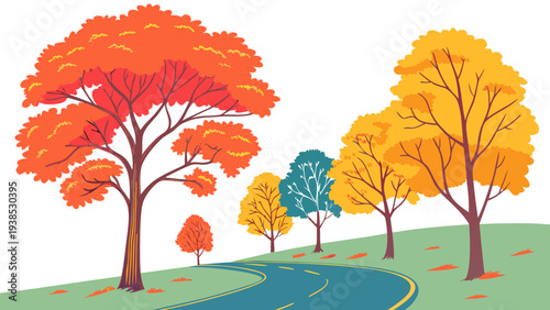 Vibrant autumn trees with colorful leaves and a serene pond in the background Vector