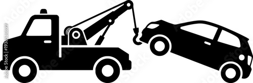 simple tow truck towing broken down car silhouette side view icon symbol transparent background
