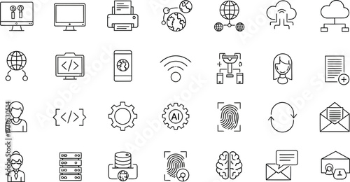 A collection of technology and data processing line icons represents digital infrastructure and connectivity concepts.