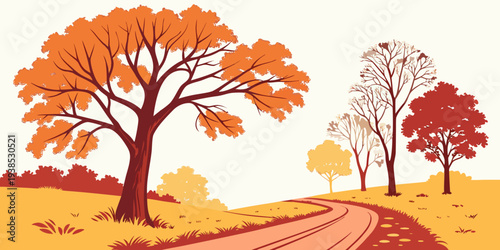 A serene autumn landscape with vibrant trees and a winding dirt path Vector