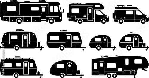 Set of icons camping car or trailer for camping in line style. Caravan icons in trendy line style.
