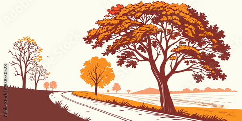 A serene autumn landscape with vibrant trees and a peaceful horizon Vector