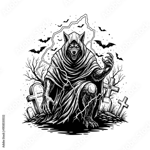 Spooky Werewolf Grinning in a Graveyard with Bats and Lightning Strikes
