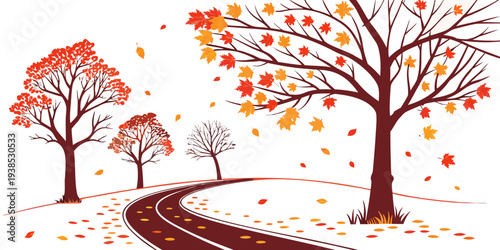 A serene autumn scene with a winding path surrounded by colorful trees and fallen leaves Vector