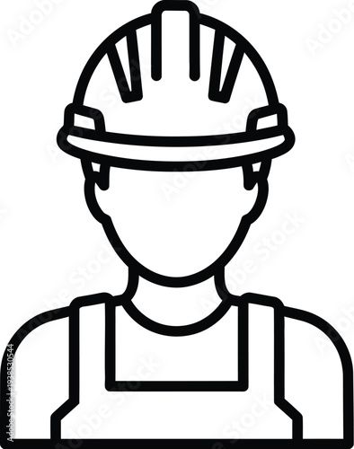Construction worker avatar wearing a hard hat and overalls is depicted as a simple black and white professional profile outline.
