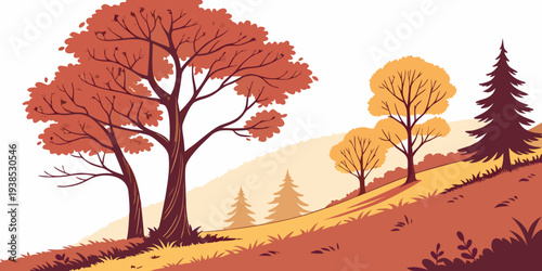 Vibrant autumn landscape with tall trees and a clear blue sky. Vector