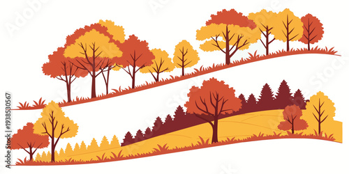 A picturesque autumn landscape with rolling hills and colorful trees. Vector