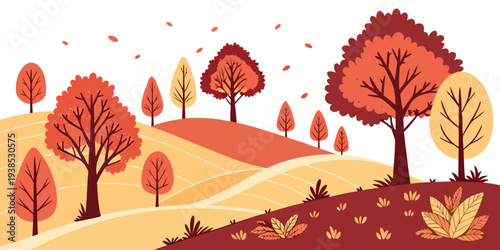 A serene autumn landscape with vibrant trees and a winding path. Vector