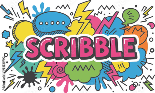Colorful comic scribble art with isolated text on transparent background