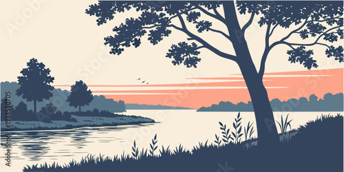 A serene sunset over a tranquil lake with a lone tree and a small boat. Vector