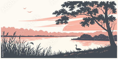 A serene sunset over a calm body of water with distant mountains and a tree-lined shore Vector