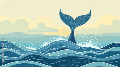 Ocean scene illustration with whale tail and waves against a cloudy sky