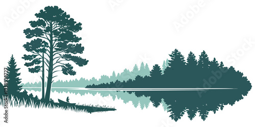 A serene landscape featuring a tranquil lake surrounded by lush greenery and trees Vector
