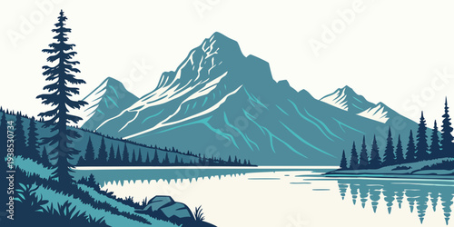 Majestic snow-capped mountains reflected in a serene alpine lake Vector