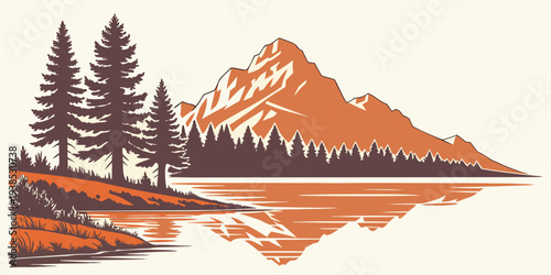 Majestic mountain landscape with snow-capped peaks and dense forest in the foreground Vector