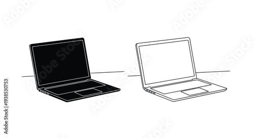 Two laptop illustrations one dark and one light in a simple silhouette