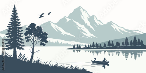 A group of people skiing down a snowy mountain slope in a scenic winter landscape Vector