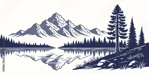 Majestic mountain landscape with a serene lake and dense forest in the foreground. Vector