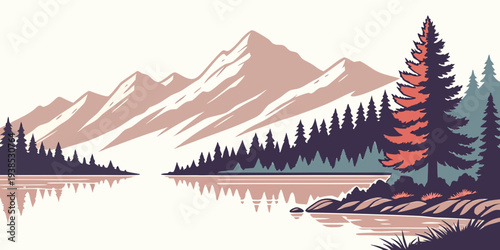 A serene winter landscape with snow-covered mountains and a peaceful forest Vector