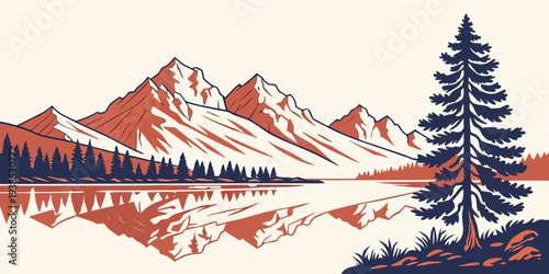 A serene winter landscape with snow-covered mountains and a solitary pine tree Vector